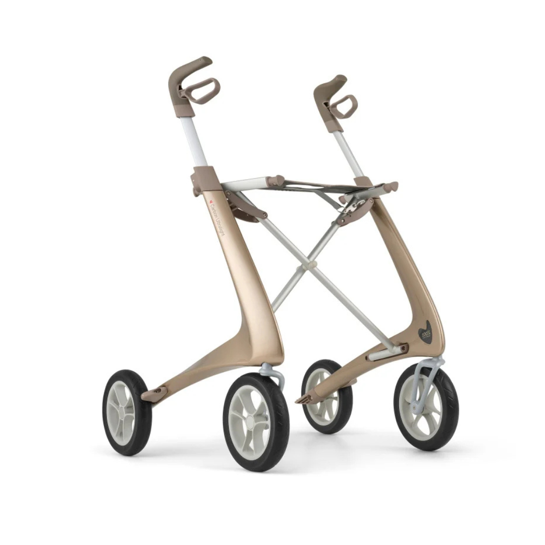 The ByACRE Ultralight Carbon Fiber Rollator weighs just 10.6 lbs and features a modern, minimalistic design with four wheels, ergonomic handles, and a sleek metallic frame for effortless mobility.